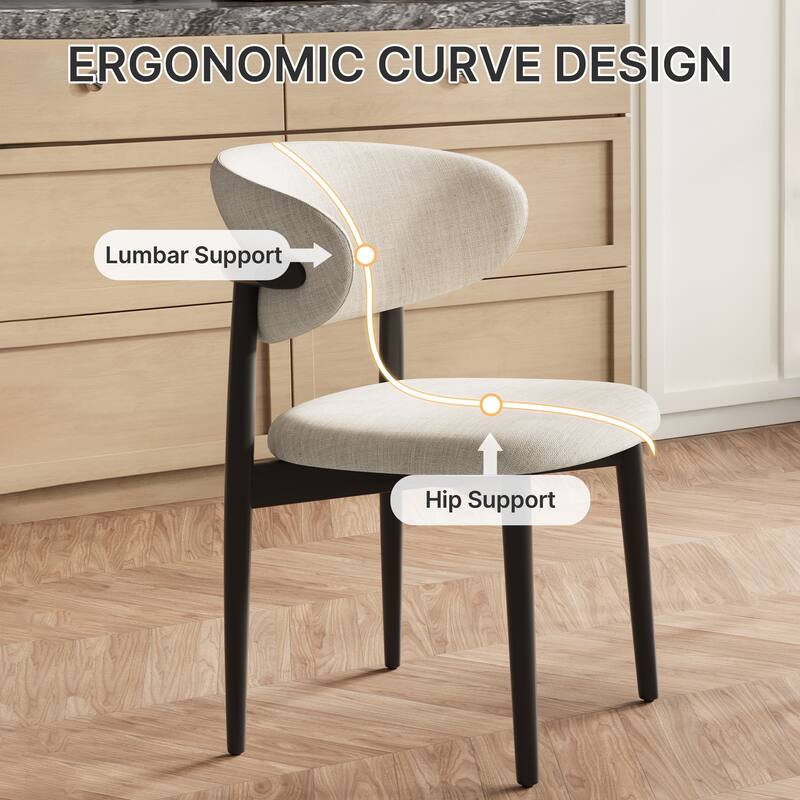 Mid-Century Ash Dining Chair, Solid Wood Legs, Kitchen Chairs with Beige Cotton & Linen Fabric, Set of 2 - Set of 1