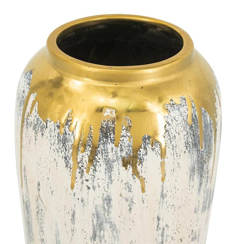 14" Gray Ivory And Gold Modern Abstract Ceramic Table Vase - 6.70