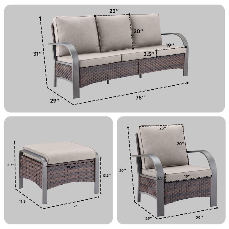 Outdoor 3 Seats Sofa with Ottoman, Club Chairs Furniture Set