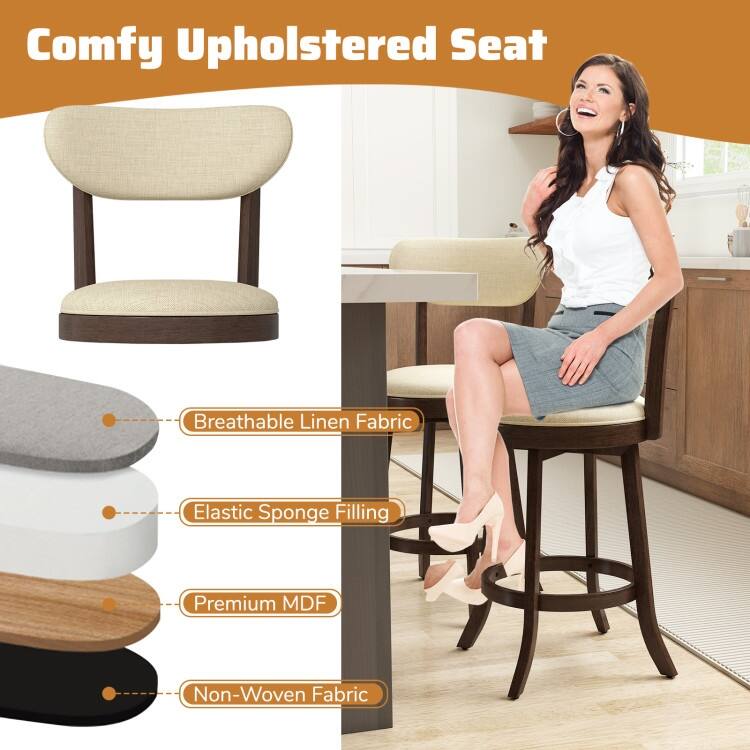 Set of 2 Counter Height Swivel Bar Stools – 25.5" Seat Height, 360° Rotating Linen Upholstered Chairs - 18" x 18.5" x 39"