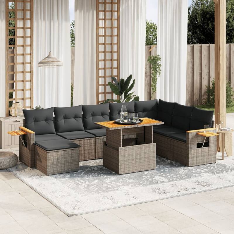 vidaXL Patio Sofa Set with Cushions Table and Stool Outdoor 9 Piece Poly Rattan - 21.7 x 39.4 x 28.7 in - Grey