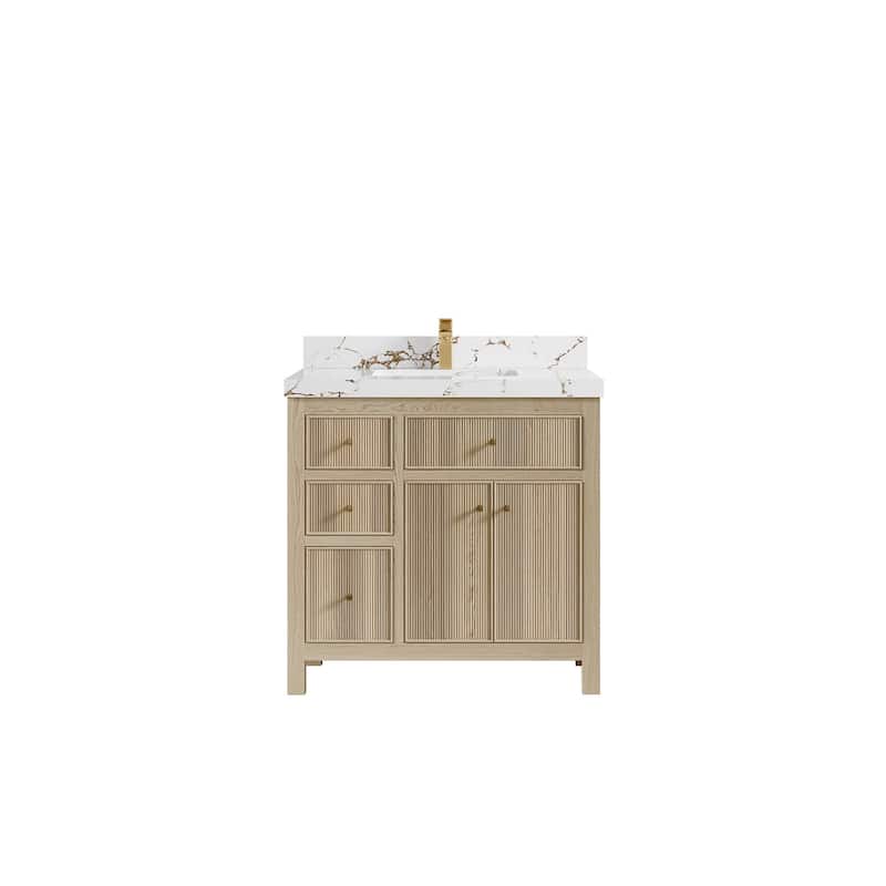 Willow Collections 36 x 22 Sonoma Oak Wood Center Sink Right Bathroom Vanity with Quartz or Marble Countertop