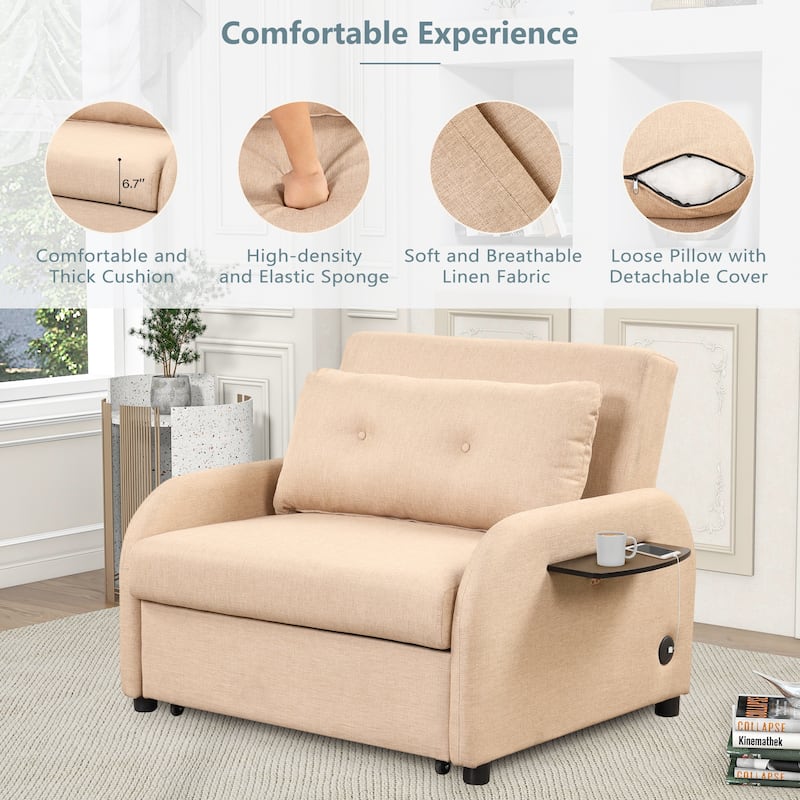 48.8"2-Seater Sleeper Sofa 3 in 1 with 2 Wing Table and USB Charge