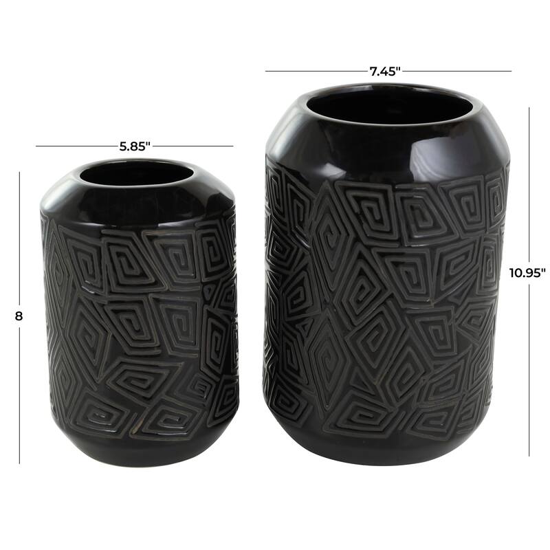 Black Ceramic Decorative Vase with Geometric Etchings (Set of 2)