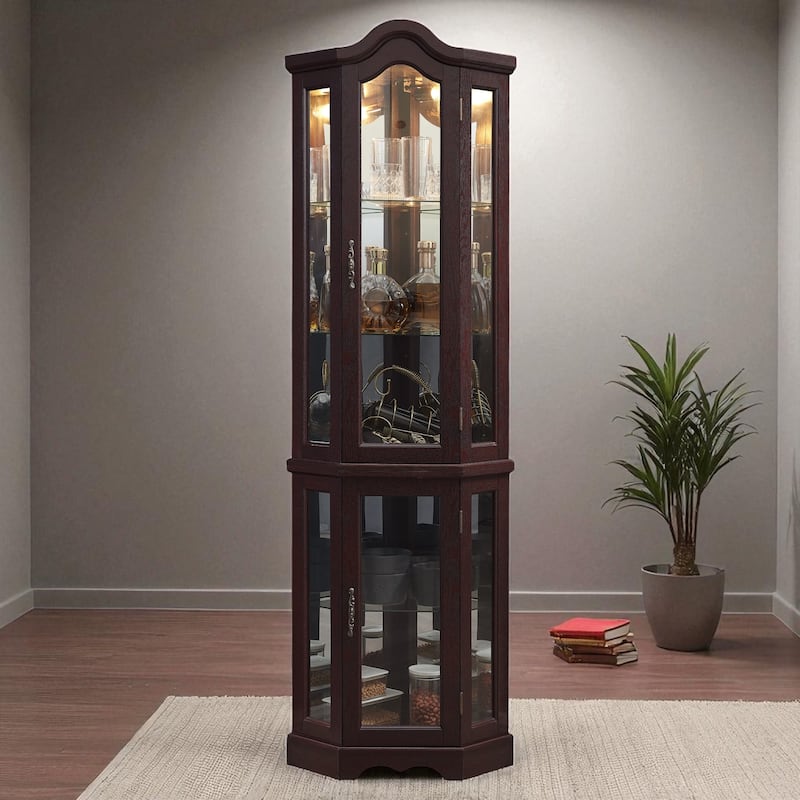 Lighted Corner Curio Cabinet with Tempered Glass Doors, Adjustable Shelves, Oak Finish Display Storage for Home Decor