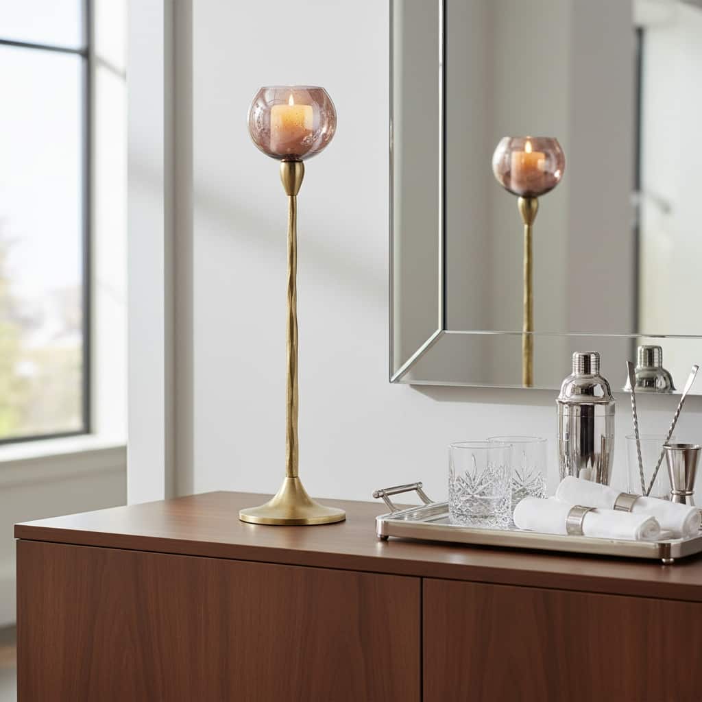 Glass Metal Stem Curved Globe Candle Holder