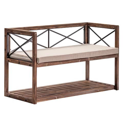 Meredith 49"W Fir Wood, Oatmeal Linen & Black Metal Bench - 49.25"W x 30"H x 22"D