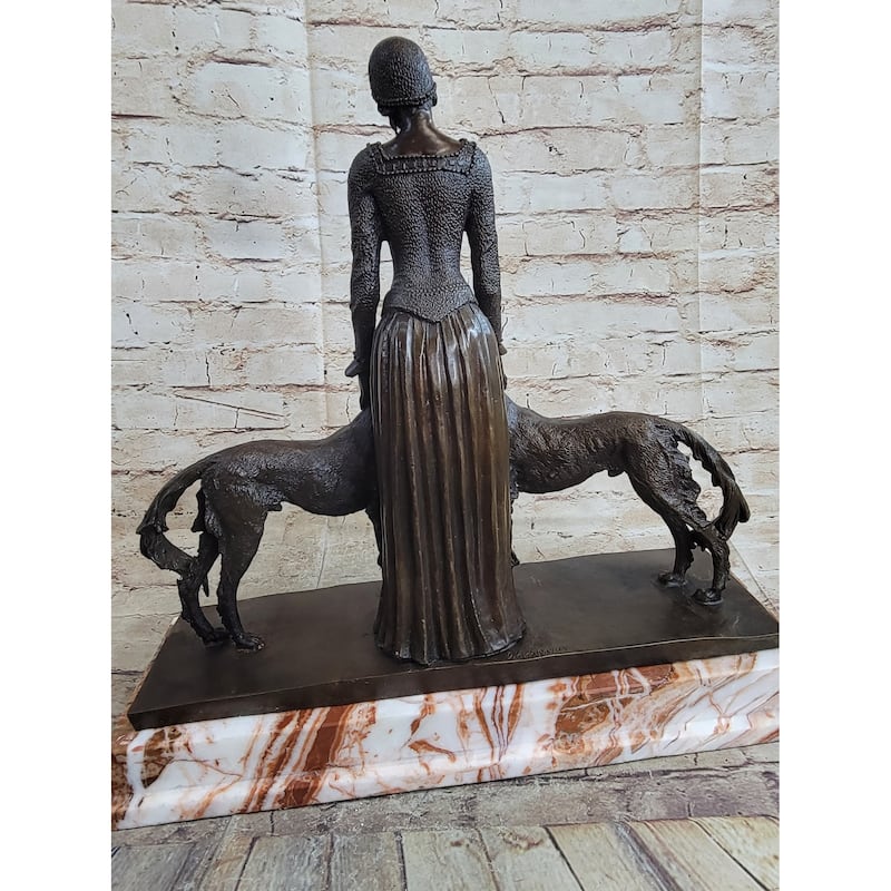 Lady With 2 Dogs Afghan Hounds Chiparus Art Deco Bronze Statue Sculpture 18 Inches X 6 Inches