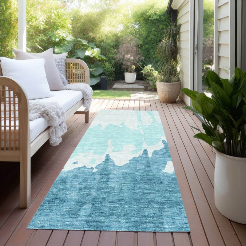 Machine Washable Indoor/ Outdoor Modern Abstract Chantille Rug - Teal - 2'3" x 7'6"