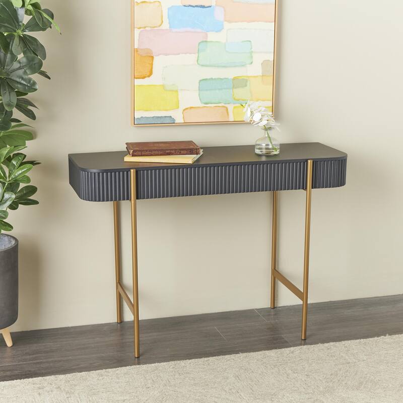 Black Wooden Rounded Rectangular Ribbed Living Room Console Table with Gold Metal Legs - Black