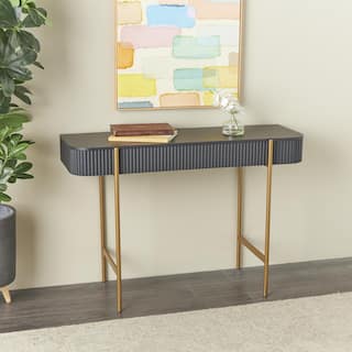 Black Wooden Rounded Rectangular Ribbed Living Room Console Table with Gold Metal Legs