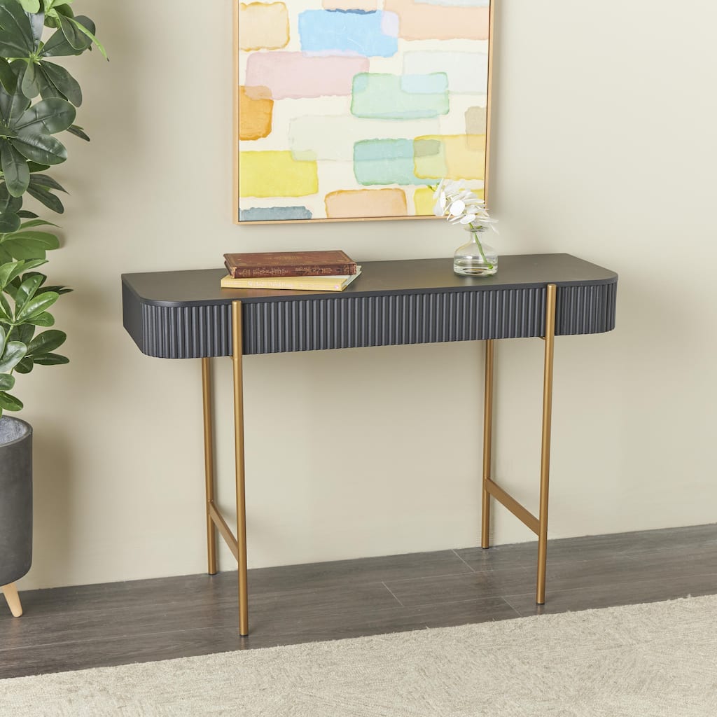 Black Wooden Rounded Rectangular Ribbed Living Room Console Table with Gold Metal Legs