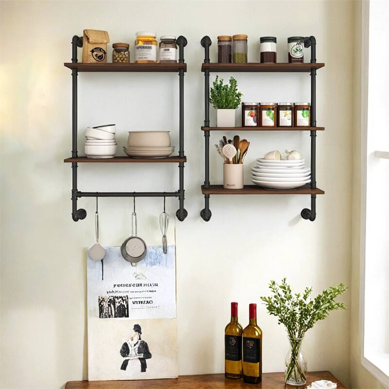 Industrial Pipe Shelf 3 Tier &2 Tier Wall Mounted Shelves Wood Shelves