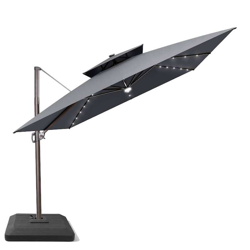 11 FT Square Outdoor Patio Cantilever Umbrella Solar LED Lighted with Weight Base - DarkGrey