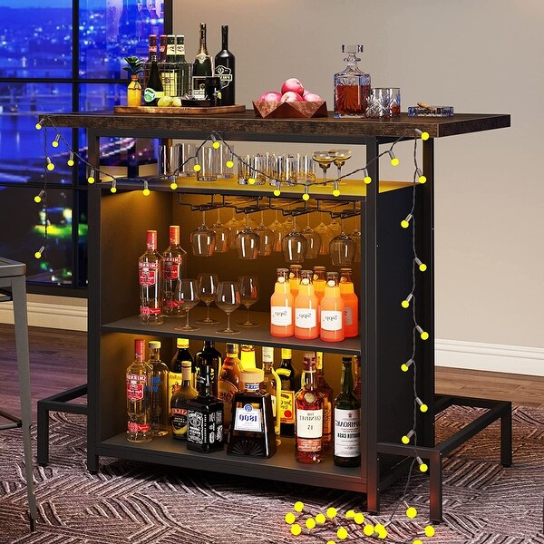 Home Bar Unit, Industrial 3-Tier Liquor Bar Table with Glasses