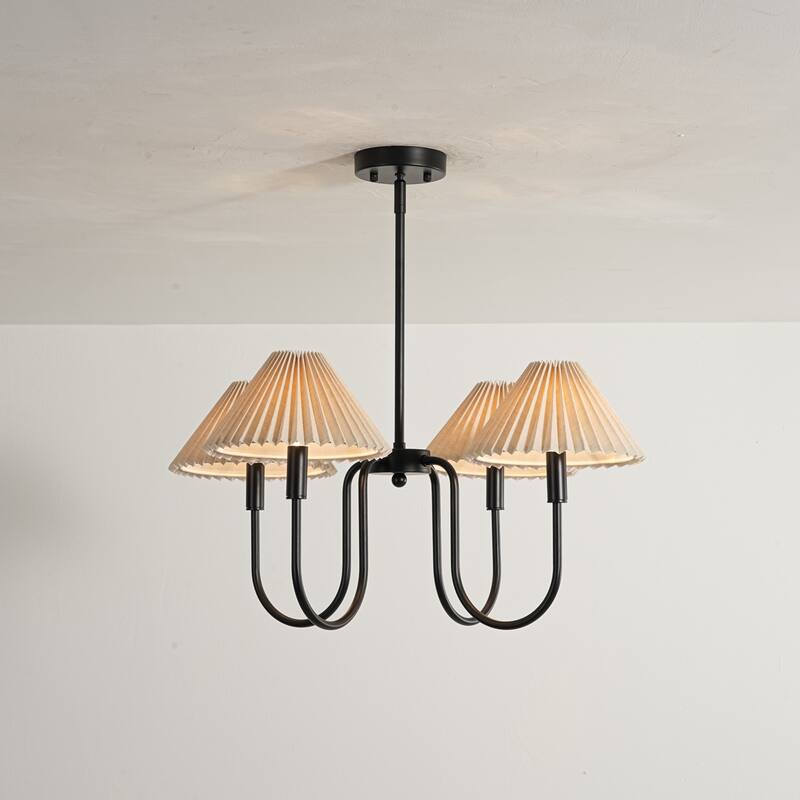 4-Light Mid-Century Modern Chandelier in Brushed Gold/Matte Black Chandelier with Pleated Shades for Living Room