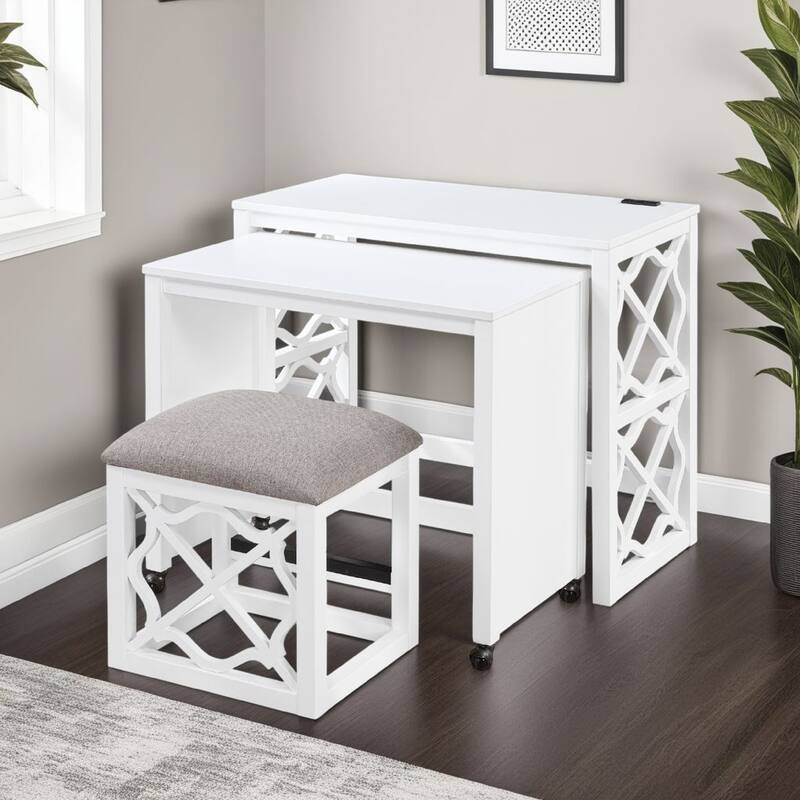 Syna 3 Piece Nesting Desk and Stool Set, White Wood, Gray Polyester