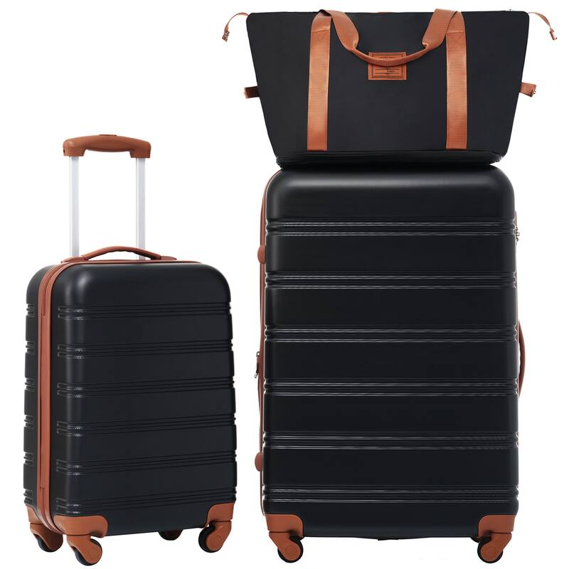 Luggage 2 Piece Set Suitcase Spinner Hardshell Lightweight TSA Lock and Bag - Black+Brown