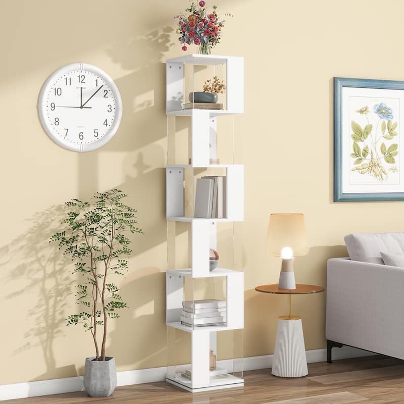 6 tier Rotating Bookshelf, Floor Rack Simple Bookcase with Acrylic plate Student Multi-Function Creative Bookshelf - White
