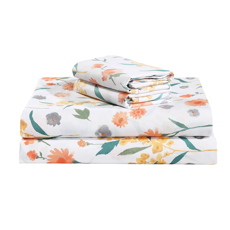 Estella Orange White Floral 100% Cotton Sheet Set with Pillowcase