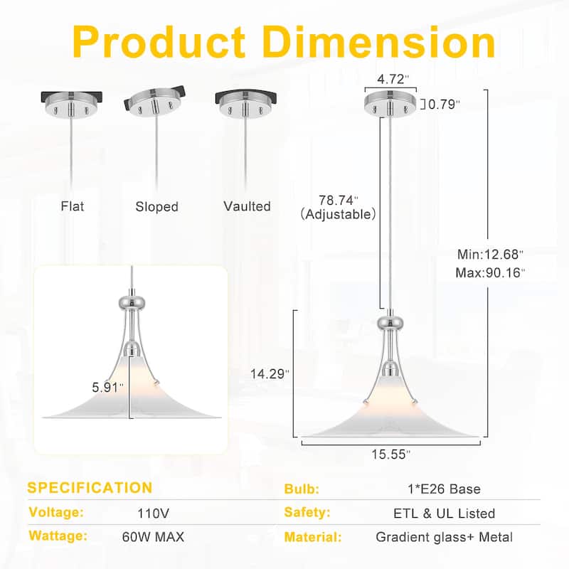 Chrome Trumpet Clear Glass Pendant Light Modern Hanging Fixture - Dia.15.55-in