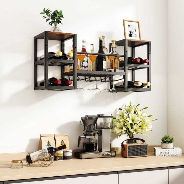 Rustic Brown Black Engineered Wood Metal Wall-Mounted Wine Rack Shelf - 35" x 10" x 16"