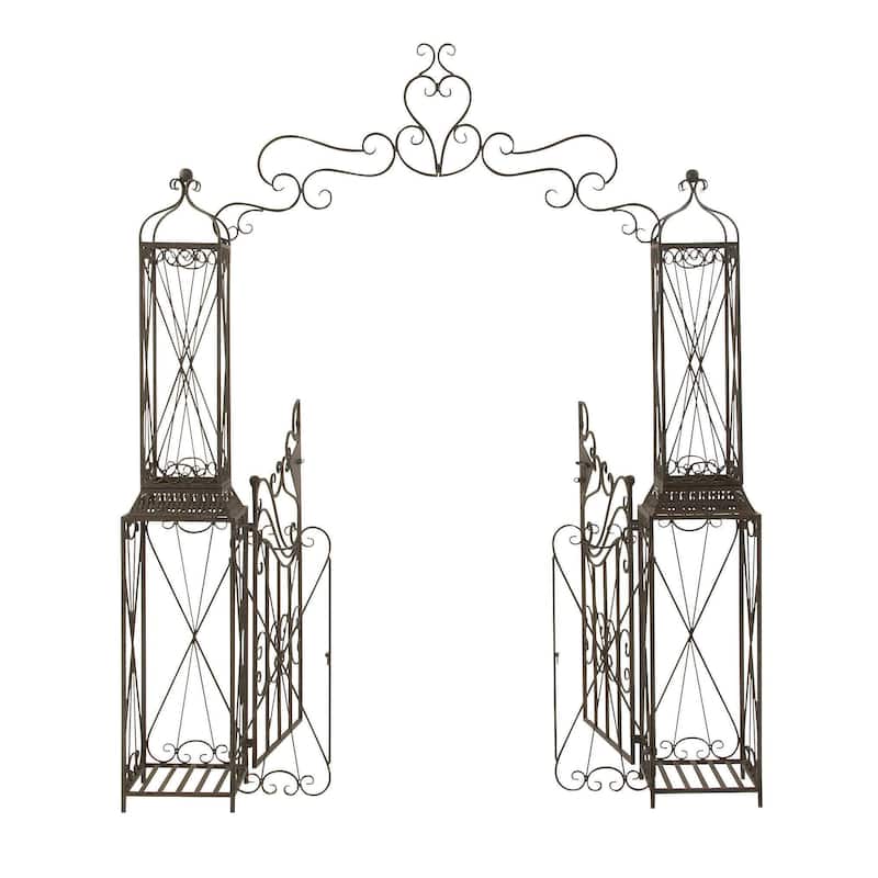 Metal Indoor Outdoor Scrollwork Arched Gate Garden Arbor with Pillars and Latch Lock Closure - Black - Roche River Decor