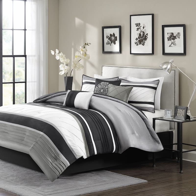 GDF Studio - 7-Piece Faux Silk Comforter Set with Decorative Pillows - Grey (Cal King)