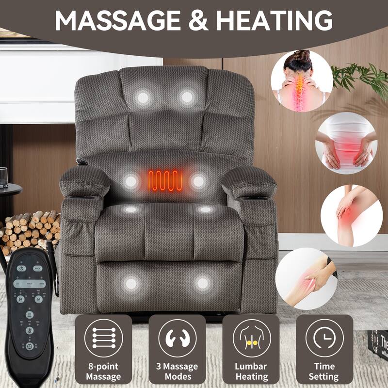 Chenille Power Lift Recliner with Massage, Heating & Cup Holders