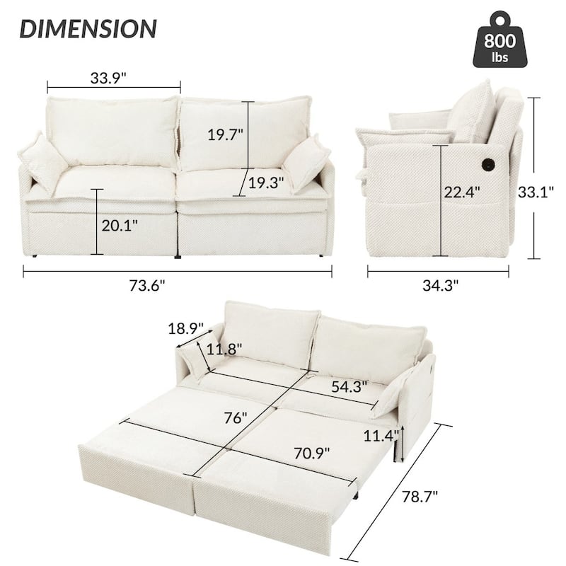73.6" Corduroy Convertible 3-in-1 Sofa Bed with Charging Ports