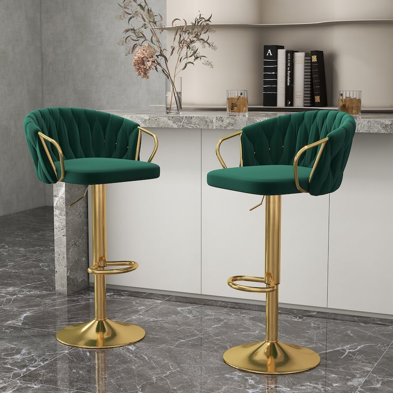 2 Set Counter Height Adjustable Velvet Bar Stools - Dark Green 2Set