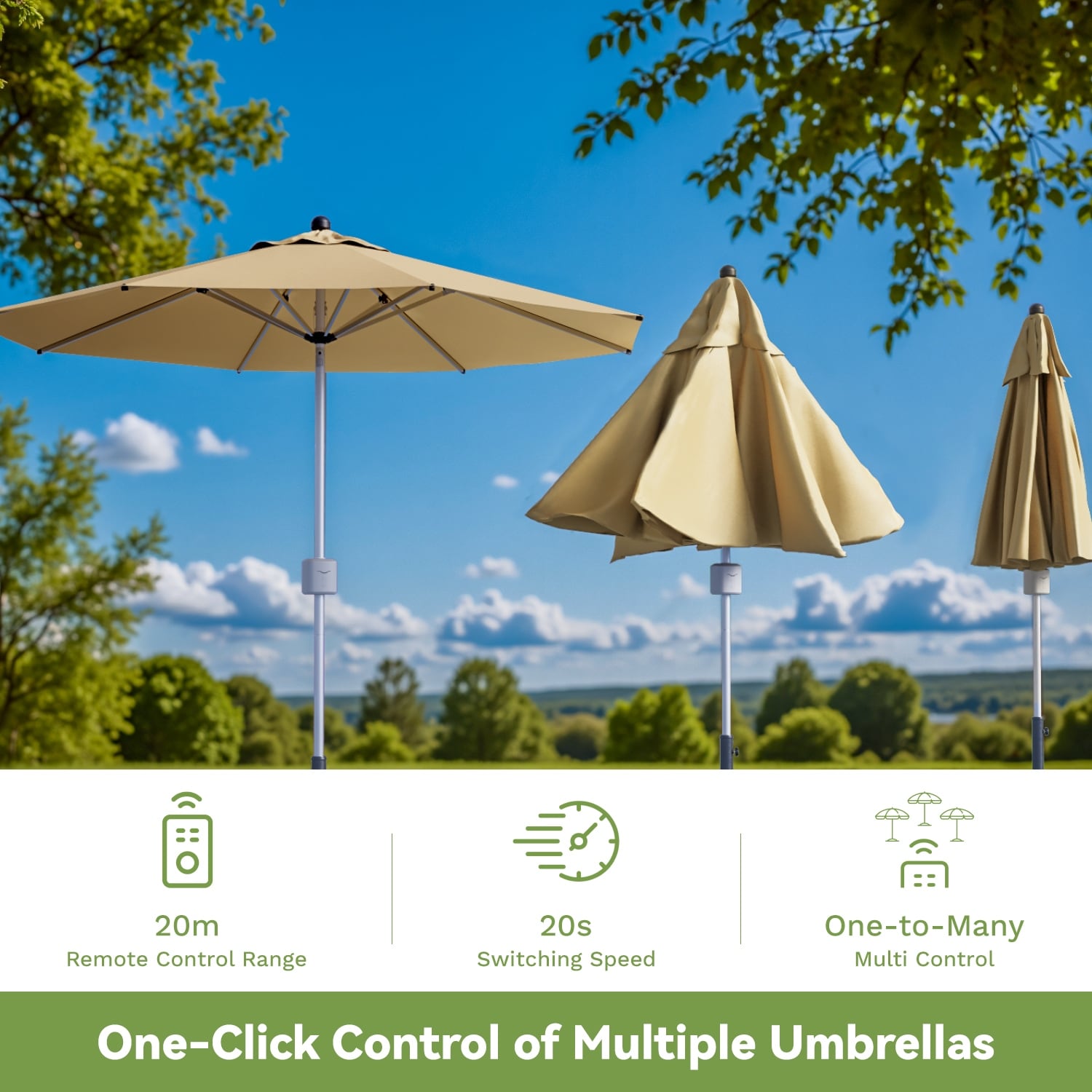 electric opening patio umbrella Patiowell 9ft with Remote Control while 32 integrated LED lights across 8 ribs provide ambient illumination for nighttime use in backyards Patiowell 9FT Outdoor Electric Patio