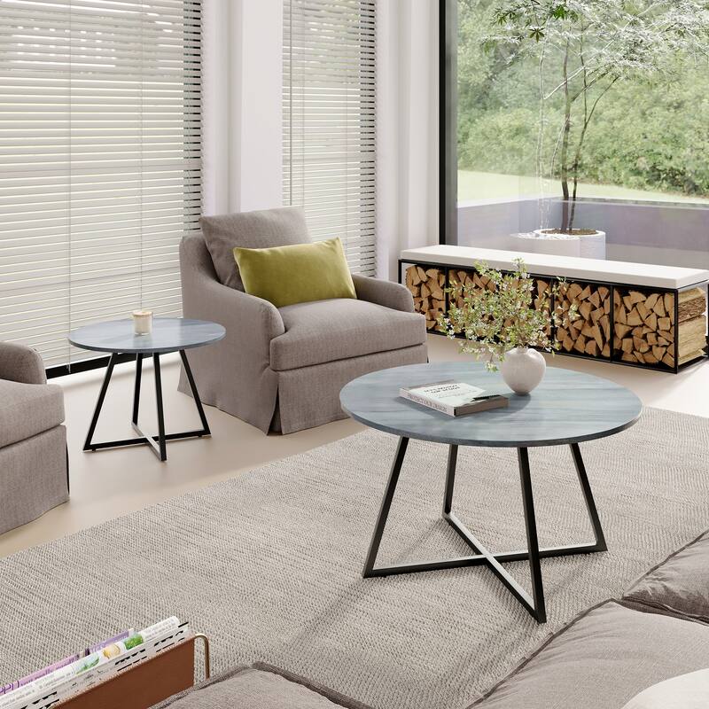 Modern Round Nesting Coffee Table Set with Black Cross Metal Legs