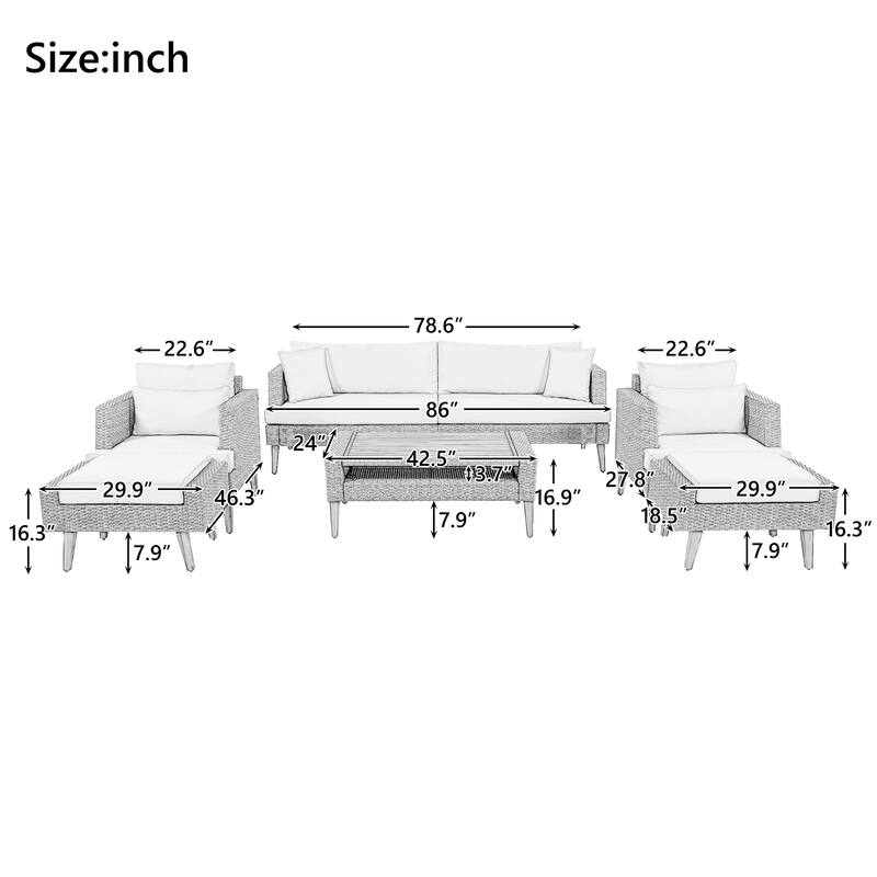 All-Weather PE Wicker Sofa Set with Double Cushions & Wood Legs, 6-Piece Outdoor Rattan Sectional