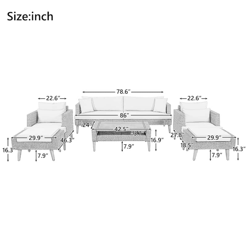 Roomfitters 6-Piece Outdoor Patio Furniture Set with Wicker Sofa, Armchairs, Ottomans and Coffee Table, Wood Legs, Gray+Beige