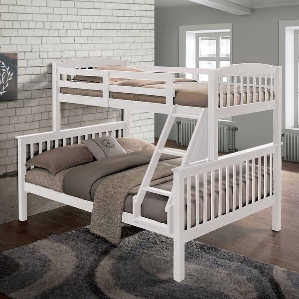White Twin Over Twin Bunk Bed with Slat Design and Angled Ladder - Bed ...