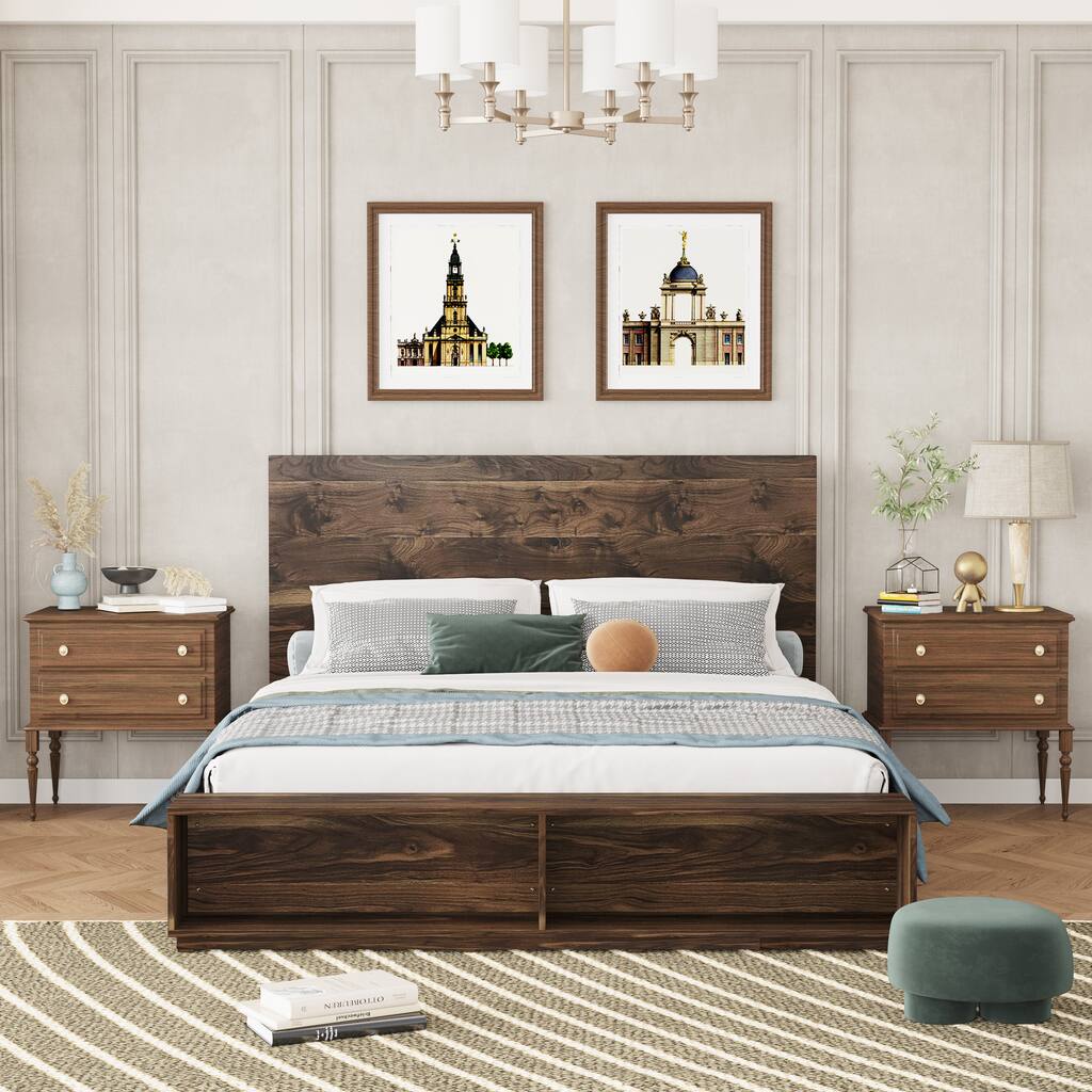 Wood Platform Bed with Storage Bench in Walnut