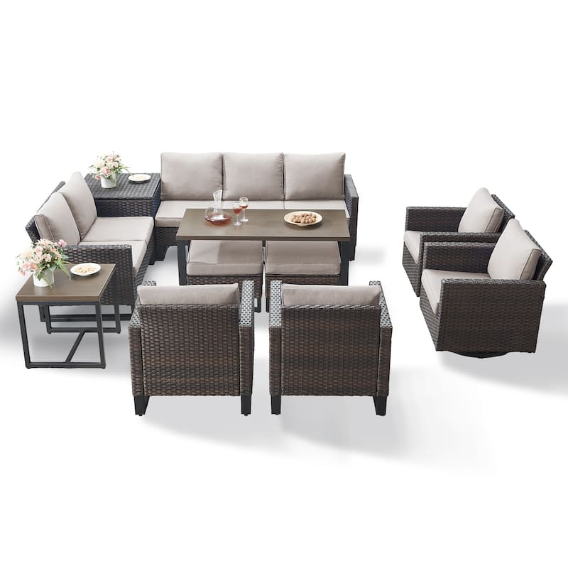 Gymojoy 9-11 Person Outdoor Courtyard Wicker Family Party Conversation Set Group With Swivel Chairs And 52" Table