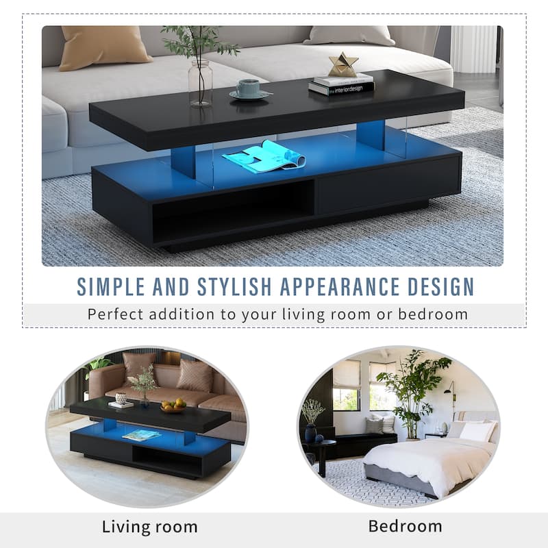 51.2'' LED Coffee Table with 2 Drawers and Shelves, Modern High Gloss Center Table with Storage for Living Room