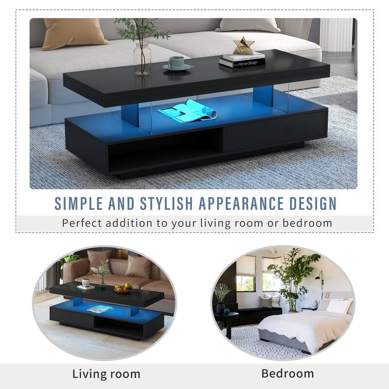Living Room Console Table Accent Table Center Table with 2 Drawers and LED Lights Coffee Table Dining Table,Black