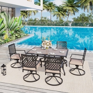 Outdoor Patio Dining Set with 6 Swivel Chairs and 1 Rectangular Umbrella Wood Like Table