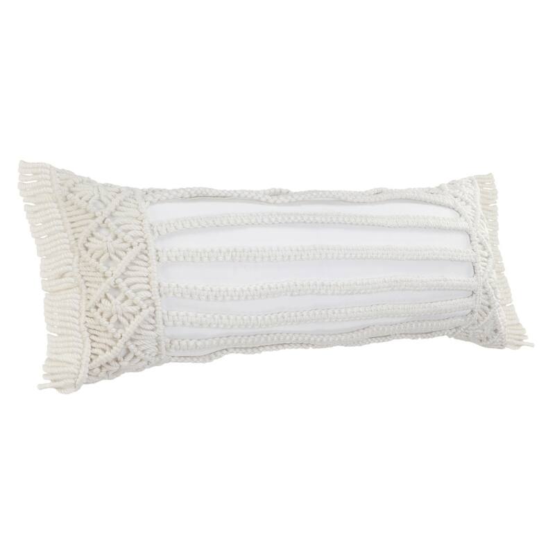 HomeRoots 14" X 36" White Textured Indoor Outdoor Throw Pillow With Fringe - 14