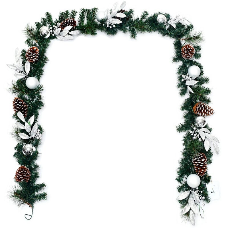 Lifelike 9ft Artificial Christmas Garland with 50 LED Lights Pine Needle Foliage and Decorative Accents