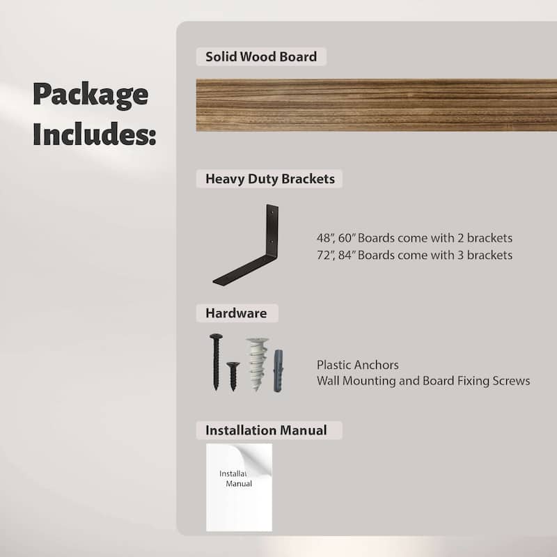 Wallniture Cervo 60-72-84 inch Long, Floating Wood Wall Shelf with Heavy Duty Brackets for Home Decor, Storage and Organization