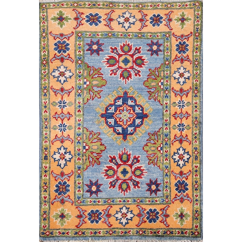 Blue Geometric Kazak Accent Rug Handmade Traditional Wool Carpet - 2'0" x 2'11"
