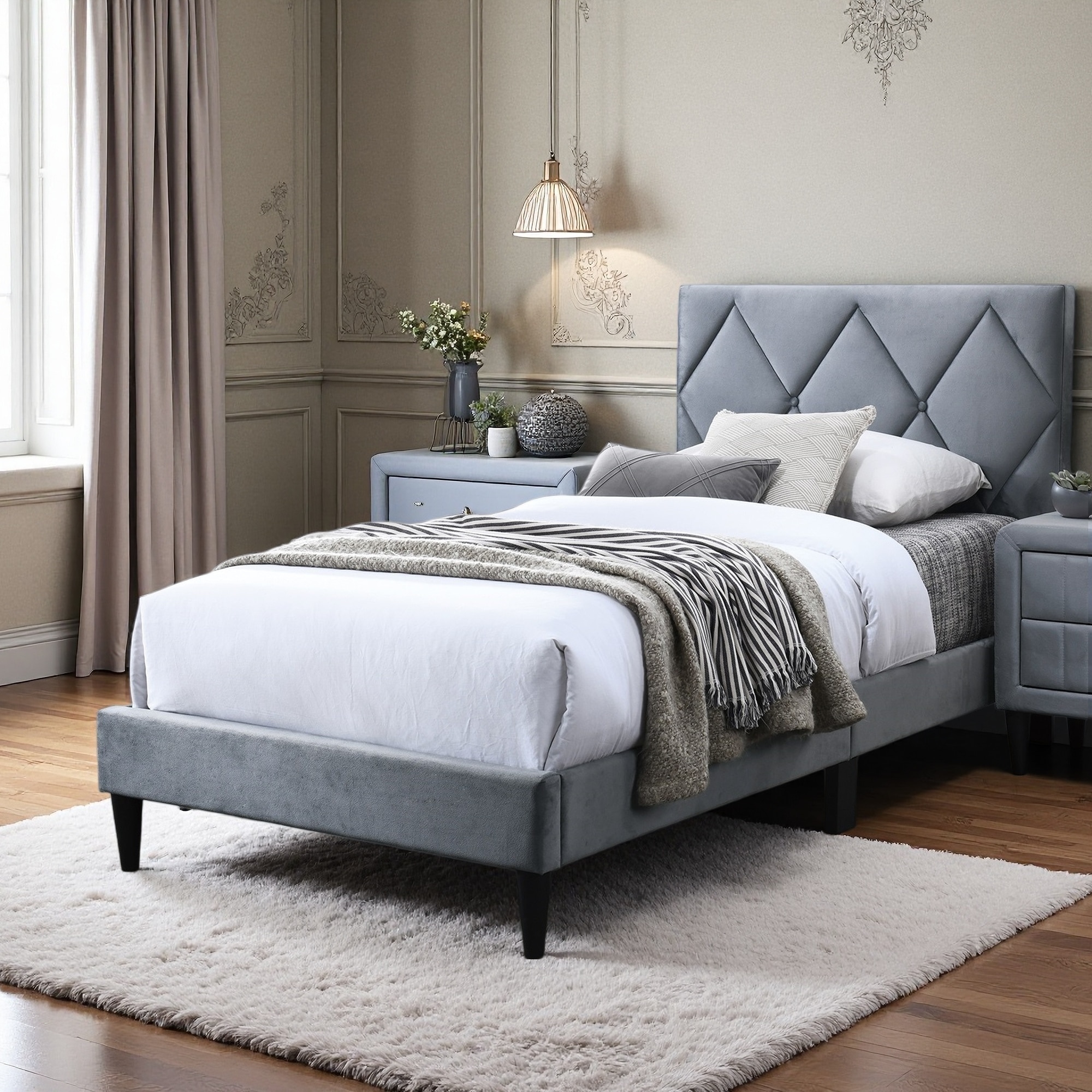 Upholstered Platform Bed Frame with Adjustable Headboard