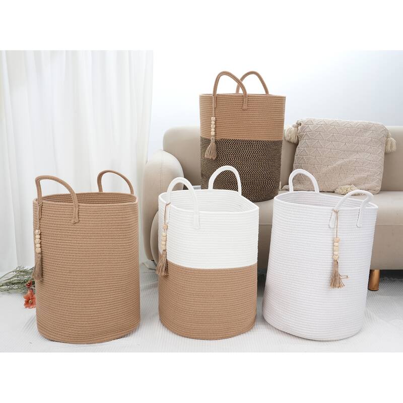 Woven Storage Bin with Handle and Tassel Beads, Storage Basket Organizer Bin for Blankets, Clothes, Shoes - 19*15in