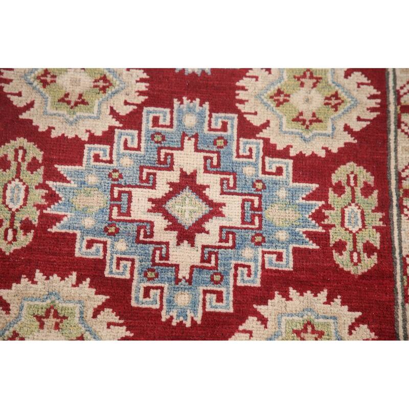 Hand Knotted Oriental 100% Wool Carpet Traditional Geometric Red Kazak Runner Rug - 6' 8'' X 2' 10''