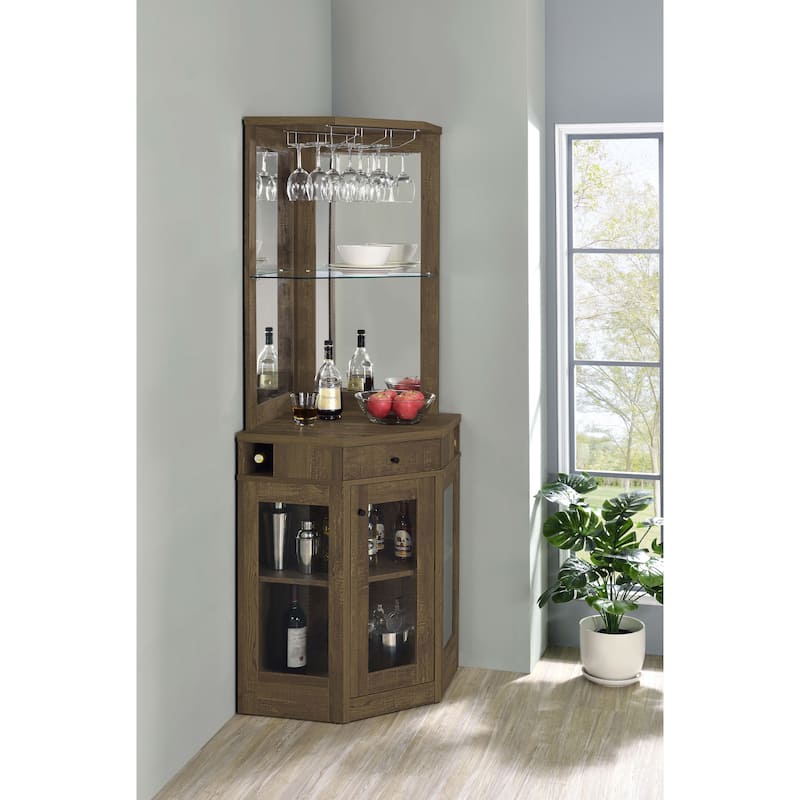 Alviso Rustic Oak 1-drawer Corner Home Bar Wine Cabinet