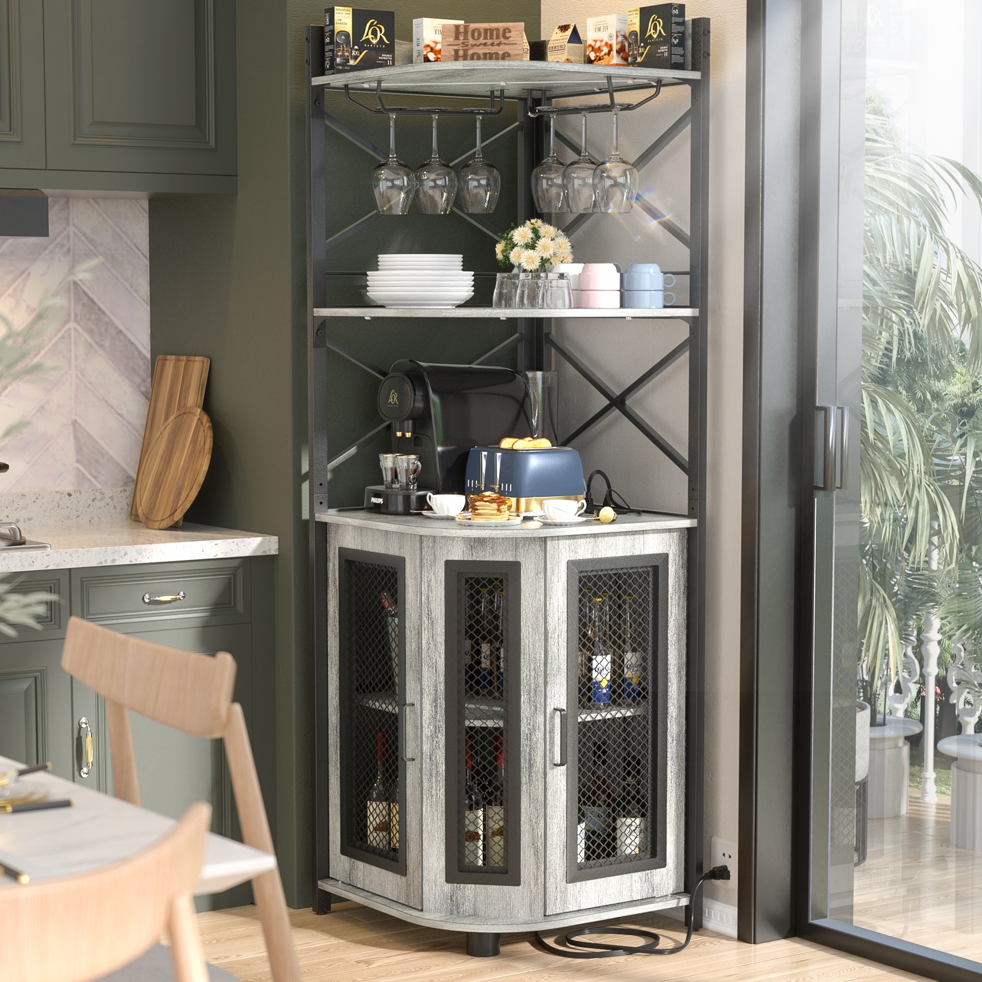 Corner Buffet Bar Cabinet with Top Hutch&Storage Shelves - Bed